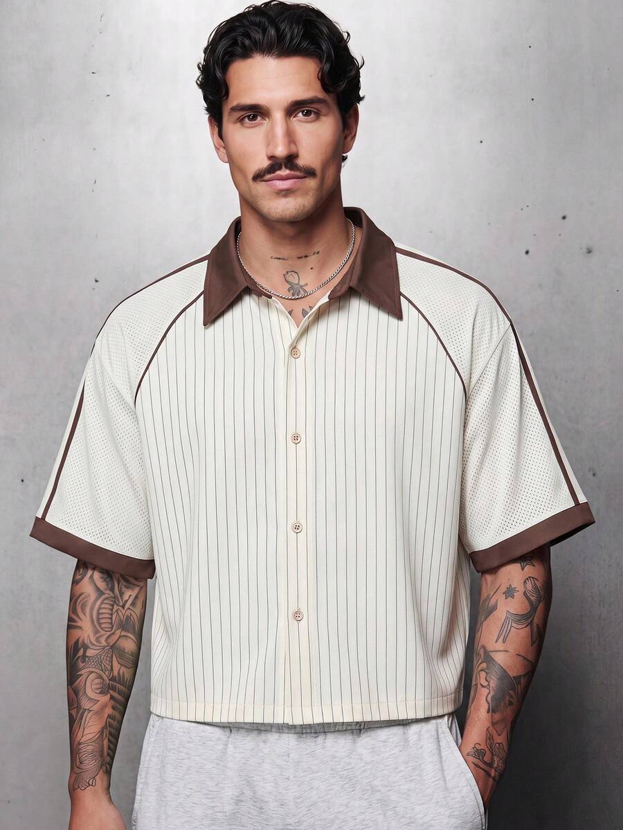 GENTILAND Camisa de manga corta casual y versátil para uso diario con bloques de color y rayas para hombres, vacaciones, regalos del Día del Padre - Multicolor - Ver 1