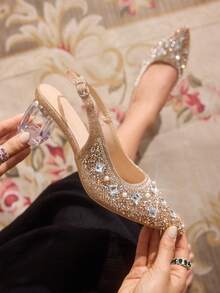 CUCCOO TILAWA Women's Crystal And Glass Rhinestone Pointed Light Gold High-Heeled Shoes, Suitable For Going Out, Banquets, Parties And Other Activities - Light gold - View 3