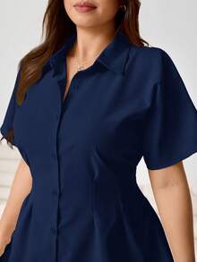 Solflare Plus Size Women's Solid Color Pleated Casual Party Short Sleeve Dress - Navy Blue - View 3