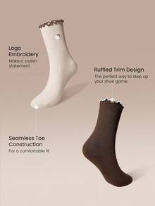 GLOWMODE Comfy Flex Seamless Toe Construction Embroidered Ruffle Socks Daily Casual - Brown - View 5