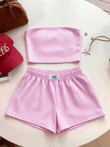 SHEIN EZwear 休閒簡約復古優雅通勤百搭暖粉色與白色條紋印花圖案，女款通勤套裝、海灘套裝、度假套裝、女款夏季套裝，抹胸上衣與短褲女款兩件套 - 彩色 - 查看 3