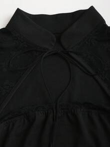 Sweetra Camiseta de mujer de diseñador de calle elegante y versátil, estilo chic de alta calle, efecto adelgazante, con encaje, cómoda, para primavera/verano, nueva - Negro - Ver 6