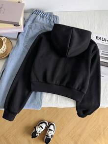 SHEIN 青少年女孩寬鬆休閒街頭風簡約舒適日常街頭風連帽修身前口袋短版長袖衛衣秋季外套 - 黑色 - 查看 2