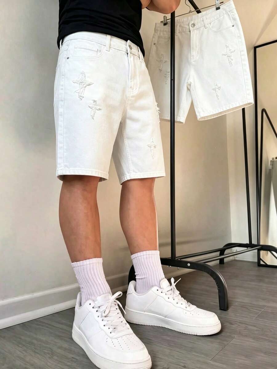 Manfinity Hypemode Pantalones cortos de mezclilla con parches para hombre - Blanco - Ver 1