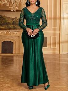 Fleurora Women's V-Neck Lace Patchwork Pleated Elegant Waist Cinched Long Party Dress - Dark Green - View 6