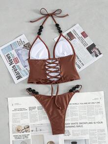 Swim Vcay 女士复古焦糖棕色高端串珠细肩带深V镂空修身性感吊带背心，比基尼泳装，适合海滩度假 - 咖啡棕 - 查看 2