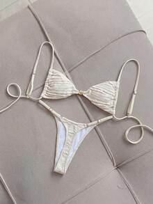 Elavelle Women's Spring/Summer Jacquard Fabric Spaghetti Strap Beaded Bikini Set - White - View 2