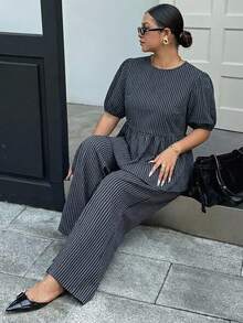 Dazy Plus Fashionable Striped V-Neck Loose Lantern Sleeve Pullover Top And Loose Long Casual Pants Plus Size Women's Spring/Autumn 2-Piece Set - Navy Blue - View 2