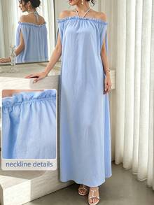 Yasmyna Off-Shoulder Tie-Up Blue Dress, Spring/Summer - Blue - View 3