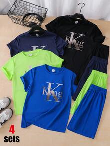 SHEIN 4套兒童青少年男孩休閒純色KING字母圖案短袖圓領T恤與鬆緊腰短褲套裝多件組 - 彩色 - 查看 5