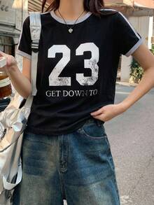 DAZY 女款對比色字母膠帶裝飾修身休閒街頭風運動短袖夏季圖案T恤，適合校園 - 黑色 - 查看 5