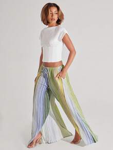 NYA SZN Pants Loose Wide Leg Striped Print Brunch Casual Everyday Going Out Party Special Occasion Travel Vacation Summer Statement Outfits For Women - Multicolor - View 4