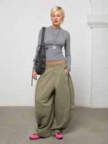 COUREZ Baggy Balloon Trousers With Seaming Detail /Y2K Wide Leg Pant Woman Fall Outfit For Women Fall Clothes Pants For Women Wide Leg Pants Woman - Army Green - View 4