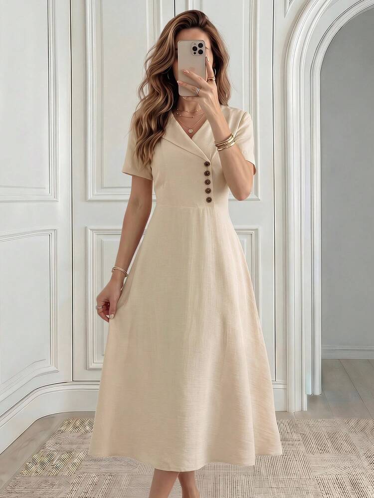 Summer New Women's V-Neck Design Faux Linen Short Sleeve Dress, Vacation Style A-Line Skirt Mid-Length Dress,Summer Dress,Holiday Outfits For Women