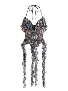 Soleia Women's Vacation Casual Plaid Ruffle Backless Halter Top - Multicolor - View 3