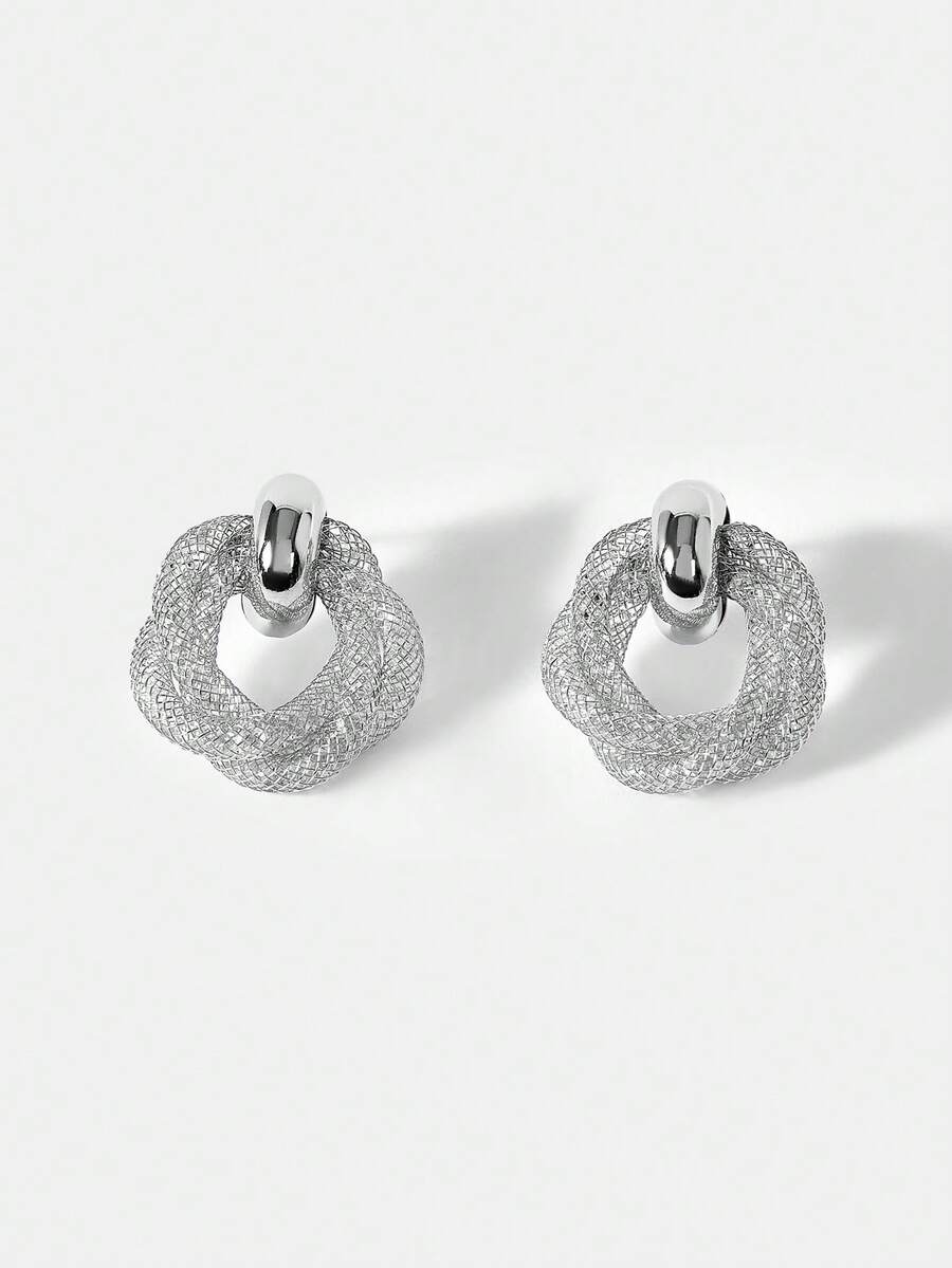 MOTF PREMIUM SILVER BROKEN DIAMOND MESH DIAMOND GEOMETRIC INTERWOVEN EARRINGS - Silver - View 2
