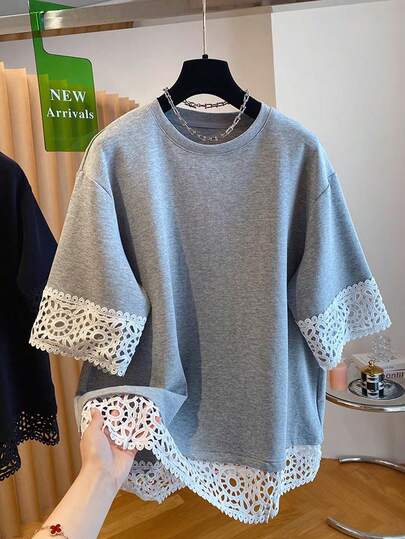 SHEIN PariChic Women's Summer Casual Crew Neck T-Shirt, Loose Fit Gray Cotton Tee With Crochet Floral Lace Trim On Sleeves And Hem, Elegant Hollow Out Patchwork Short Sleeve Tops For Daily Wear & Vacation