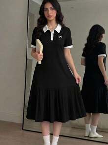 SHEIN 青少年女孩休閒日常百搭舒適翻領拼接拼色 Polo 洋裝 - 黑與白 - 查看 3