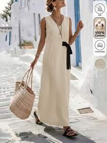 Isle Nomé Vestido largo sin mangas con cuello en V beige para mujer con detalle de lazo asimétrico en contraste negro, versátil para vacaciones de verano y diversas ocasiones - Blanco y Negro - Ver 8