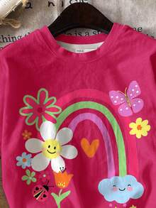 Young Girl Casual Minimalist Cute Childlike Floral Face, Rainbow, Insect, Butterfly Print Short Sleeve And Shorts 2-Piece Set, Suitable For Summer, Cozy Spring And Summer Styles - Multicolor - View 4