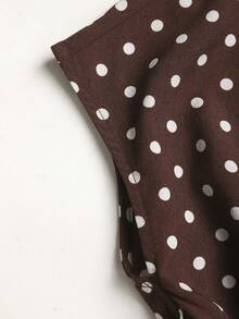 SHEIN Conjunto de 2 piezas para niñas preadolescentes con blusa de top con estampado de lunares marrones, cintura ceñida y decoración de hebilla metálica + pantalones holgados de pierna ancha, conjunto elegante y casual para ocasiones formales & casuales - Marrón - Ver 5