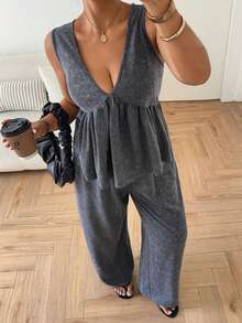Dazy Plus Blogger Style Casual 2-Piece Set, V-Neck Sleeveless Crop Top And Elastic Waist Loose Long Pants, Plus Size Women Spring/Summer - Dark Grey - View 6