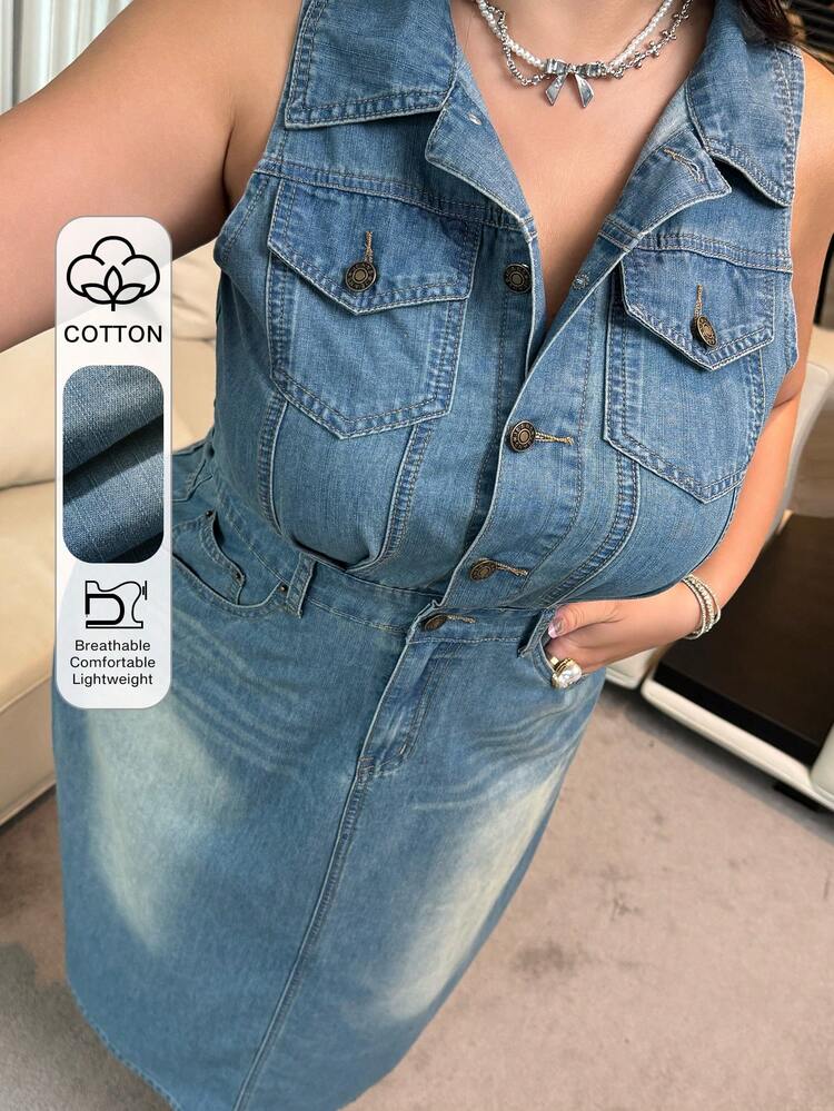 Dazy Plus Plus Size Women's Sleeveless Denim Dress, Casual Crinkle Pocket Design, Sexy Wrap Style, Spring/Summer