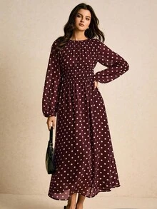 Poéselle 女款優雅圓領長袖百褶設計波點洋裝 - 酒紅色 - 查看 7