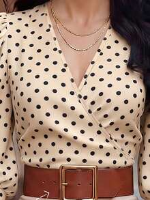 EMERY ROSE New Polka Dot V-Neck Criss-Cross Petal Sleeve Fitted Short Women Blouse, Spring/Summer - Multicolor - View 4