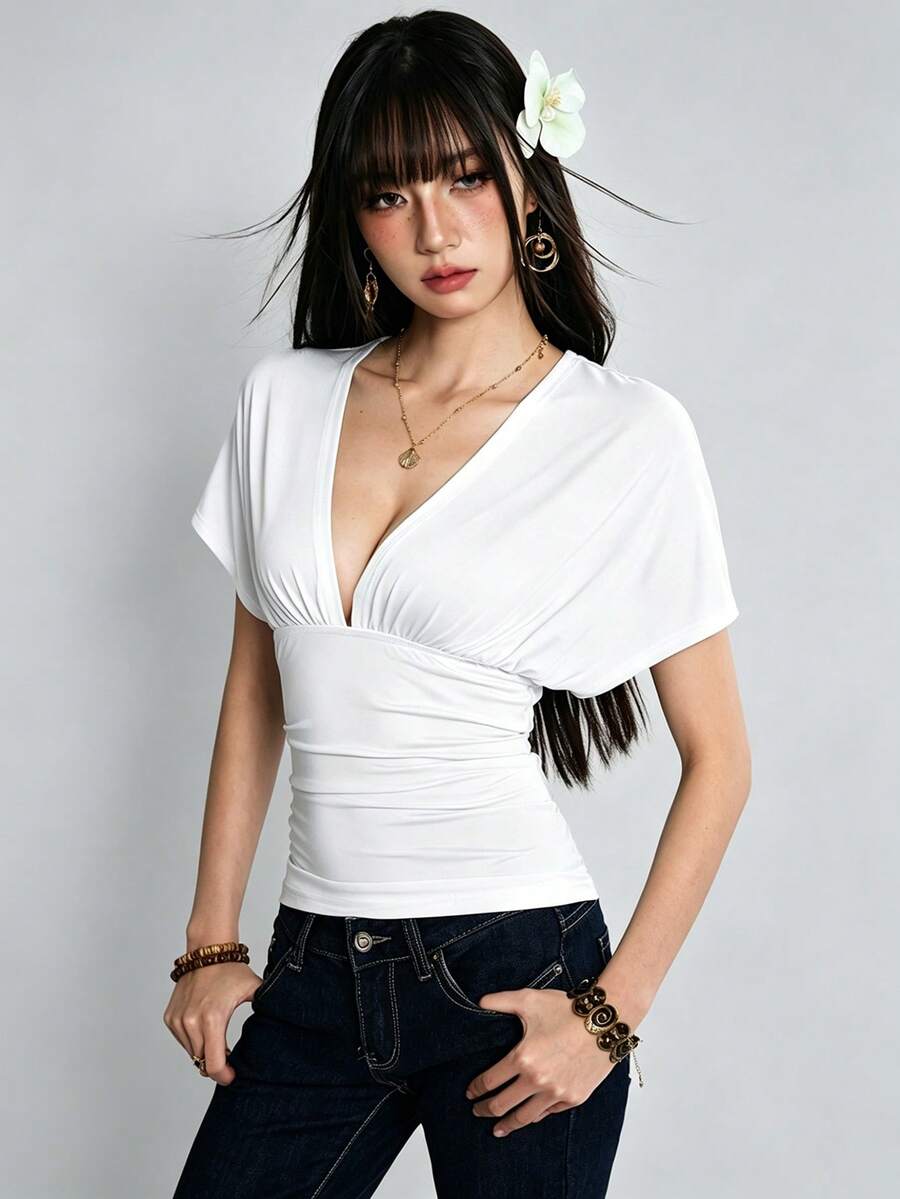 Rina Fox 女款薄荷藍深V領後背繫帶短袖性感修身上衣 - 白色 - 查看 1