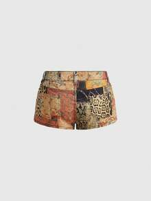 ROMWE Summer Outfits Vintage Animal Print Pattern Digital Print Sexy Hot Girl Ultra Low Waist Mini Denim Shorts - Brown - View 2