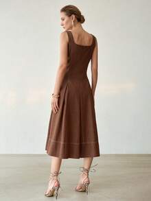MOTF PREMIUM WOMEN'S FOLDED PLEATED SLEEVELESS DENIM EFFECT DRESS - Brown - View 3