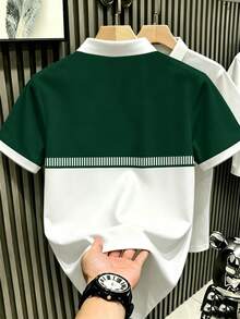 Manfinity Hypemode Men's Retro Sports Style Colorblock Patchwork And Striped Noble Horse Logo Silhouette Polo Shirt - Multicolor - View 2