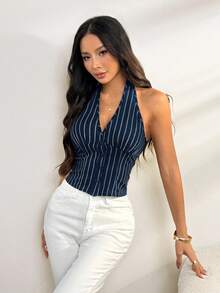 SHEIN PETITE 女款純棉海軍藍立領單排扣背心薄款西裝外套，適合夏季辦公商務休閒，小碼女款 - 藏蓝色 - 查看 7