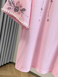 GlowEve 女士优雅花卉刺绣仿珍珠和水钻装饰蝙蝠袖宽松T恤 - 粉色 - 查看 8