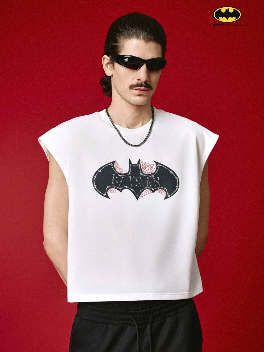 BATMAN X SHEIN STYNVO 男士圓領字母印花休閒百搭日常穿搭上衣,度假風 - 白色 - 查看 1