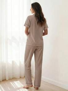 Liftille Ensemble de pyjama à col rayé et manches courtes - Tabac - Voir 2
