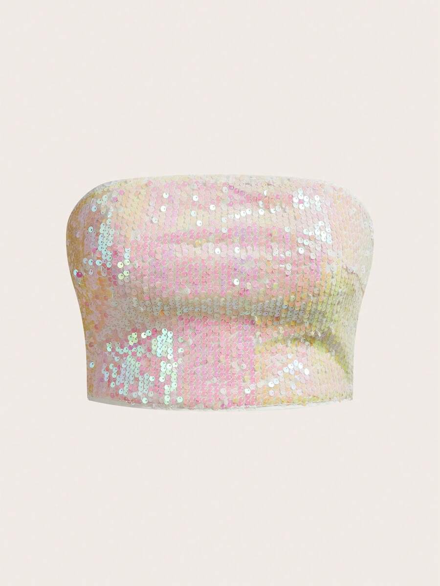 SHEIN ICON Women's Sequin Casual Versatile Daily Outing Tube Top - White - View 1
