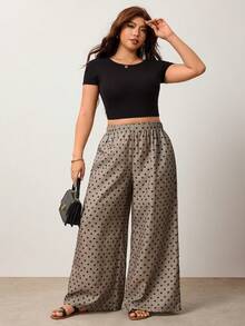 Enliva Plus Size Women's Polka Dot Wide Leg Pants – Flowy Elastic Waist Design For A Relaxed, Chic Everyday Look Vacation Autumn, For Apple And Rounded Body Shape - Khaki - View 4