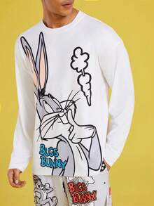 LOONEY TUNES X SHEIN 男士休闲宽松针织卡通兔子印花长袖T恤和趣味灰色长裤两件套家居服，秋冬服装 - 白色 - 查看 3