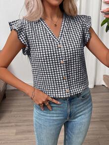 SHEIN Clasi Women's Plaid Button V-Neck Ruffle Cuff Blouse - Black and White - View 5