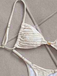 Elavelle Women's Spring/Summer Jacquard Fabric Spaghetti Strap Beaded Bikini Set - White - View 5