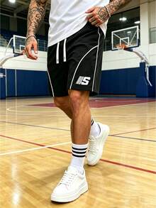 Gym Rark American Streetwear Letter Print Sports Shorts For Men, Black And White Contrast Line Drawstring Training Shorts, Gym - Black - View 7