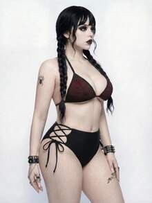ROMWE Goth 女款大尺碼素色單件抽繩三角比基尼泳褲，適合度假與海灘穿著 - 黑色 - 查看 3