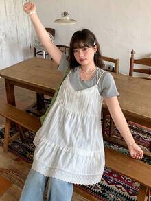 Dazy Plus Contrast Lace A-Line Camisole Top, White Layered Casual Tank Top For Girls, Versatile Spring/Summer Style - White - View 9