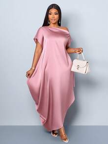 SOLERSUN Plus Size Women's Summer Blush Pink Elegant Formal Long Dress,Satin Slant Off Shoulder Cocoon Asymmetric Pocket Loose Waist Belt Vacation Banquet - Pink - View 8