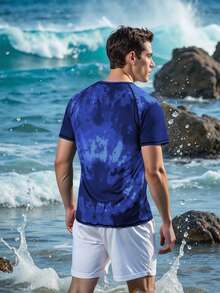 ZELFYO Men's Tie-Dye Pattern Raglan Sleeve Short Sleeve Crew Neck Swim Shirt Sun Protection - Royal Blue - View 2