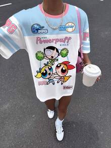 THE POWERPUFF GIRLS X SHEIN 女式休闲花朵、泡泡、毛茛图案拼色圆领短袖 T 恤，夏季 - 白色 - 查看 5