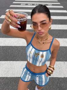 SHEIN EZwear 阿根廷国旗彩色字母印花露脐背心短裤套装，适合足球俱乐部穿着、球迷周边商品、世界杯比赛日穿搭、夏季 - 彩色 - 查看 5