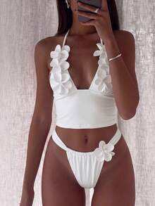 Swim Chiccia Women's Fashion Beachwear, Deep V-Neckline Slimming Tummy Control Design, 3D Floral Accessory Decoration, Halter Neck Sweet Girly Style, Daily Party, Casual Vacation Fresh Two Pieces Swimsuit Set - White - View 4